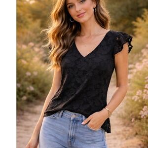 Gibsonlook V-Neck Blouse Size M Black Flutter Sleeve Lace Overlay Coquette Chic